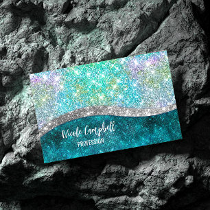 Cute iridescent turkos faux glitter monogram magnetiska visitkort