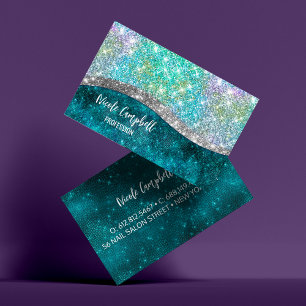 Cute iridescent turkos faux glitter monogram visitkort