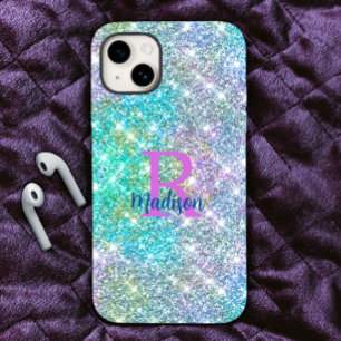 Cute iridescent unicorn blue faux glitter monogram