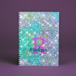 Cute iridescent unicorn blue faux glitter monogram anteckningsbok