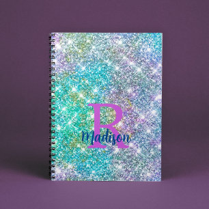 Cute iridescent unicorn blue faux glitter monogram anteckningsbok