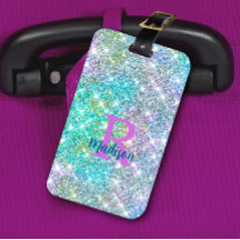 Cute iridescent unicorn blue faux glitter monogram