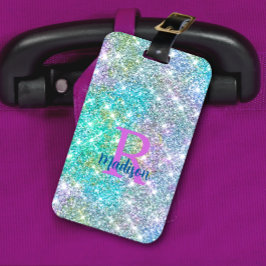 Cute iridescent unicorn blue faux glitter monogram bagagebricka