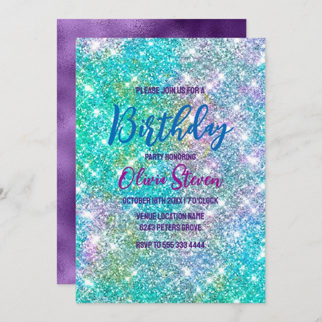 Cute iridescent unicorn blue faux glitter monogram inbjudningar (Fram/baksida)