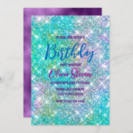 Cute iridescent unicorn blue faux glitter monogram inbjudningar