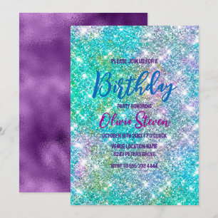 Cute iridescent unicorn blue faux glitter monogram inbjudningar