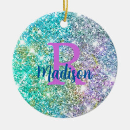 Cute iridescent unicorn blue faux glitter monogram julgransprydnad keramik