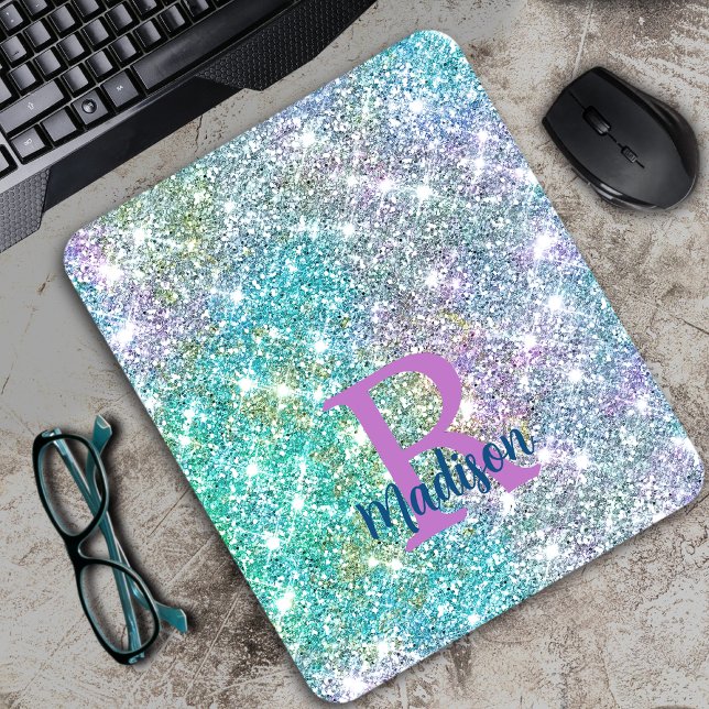 Cute iridescent unicorn blue faux glitter monogram musmatta (Skapare uppladdad)