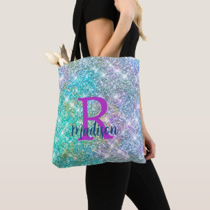 Cute iridescent unicorn blue faux glitter monogram tygkasse