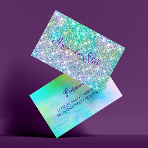 Cute iridescent unicorn blue faux glitter monogram visitkort