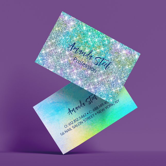 Cute iridescent unicorn blue faux glitter monogram visitkort (Skapare uppladdad)