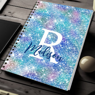 Cute iridescent unicorn blue rosa glitter monogram anteckningsbok