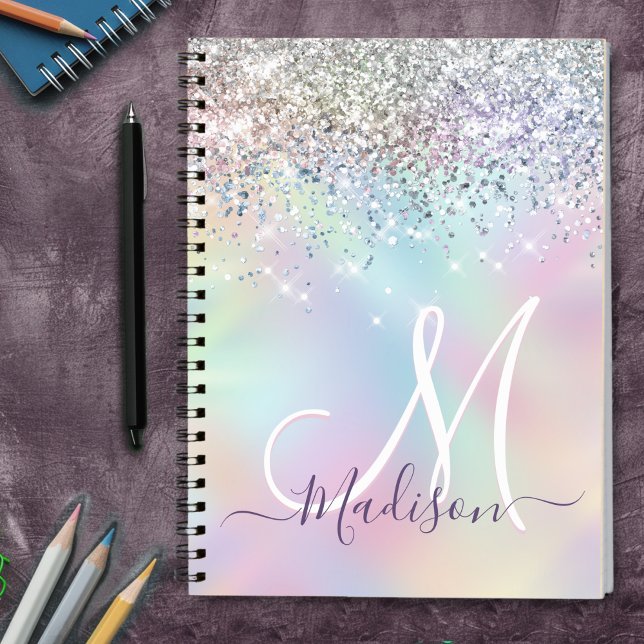Cute iridescent unicorn faux glitter monogram anteckningsbok (Skapare uppladdad)