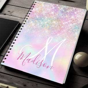 Cute iridescent unicorn ombre glitter monogram anteckningsbok