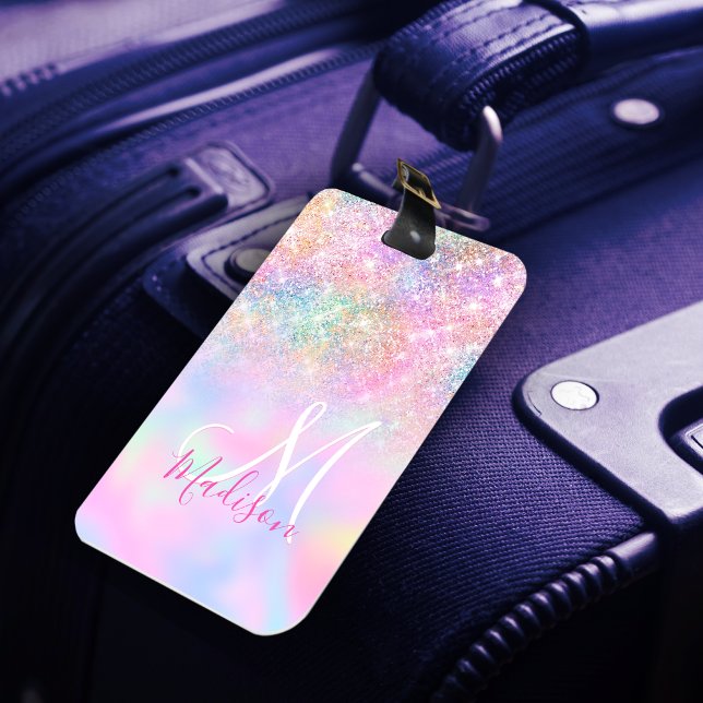 Cute iridescent unicorn ombre glitter monogram bagagebricka (Skapare uppladdad)