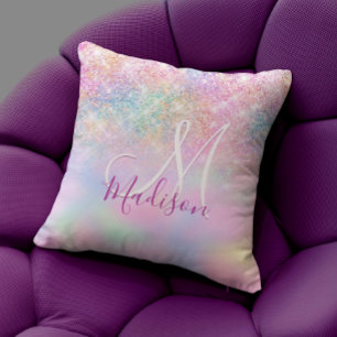 Cute iridescent unicorn ombre glitter monogram kudde