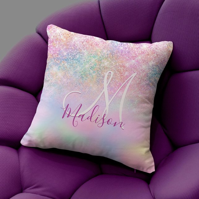 Cute iridescent unicorn ombre glitter monogram kudde (Skapare uppladdad)