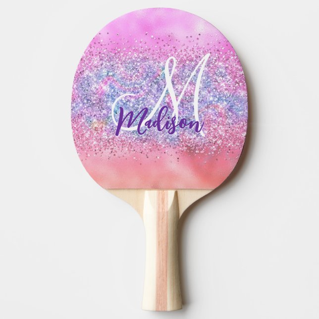 Cute iridescent unicorn ombre glitter monogram pingisracket (Framsidan)