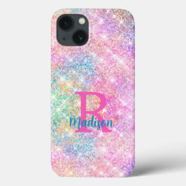 Cute iridescent unicorn rosa faux glitter monogram