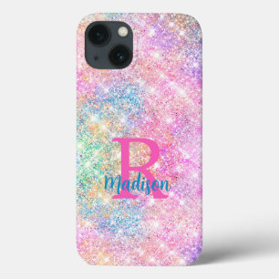 Cute iridescent unicorn rosa faux glitter monogram