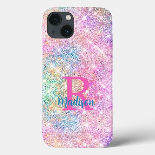 Cute iridescent unicorn rosa faux glitter monogram (Baksida)