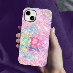 Cute iridescent unicorn rosa faux glitter monogram