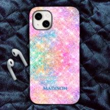 Cute iridescent unicorn rosa faux glitter monogram