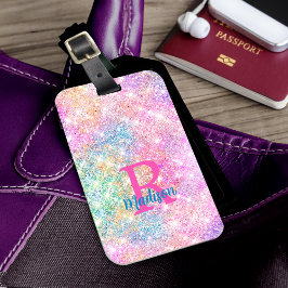 Cute iridescent unicorn rosa faux glitter monogram bagagebricka