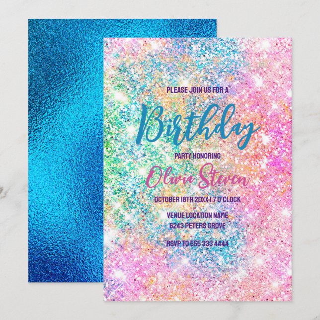 Cute iridescent unicorn rosa faux glitter monogram inbjudningar (Fram/baksida)