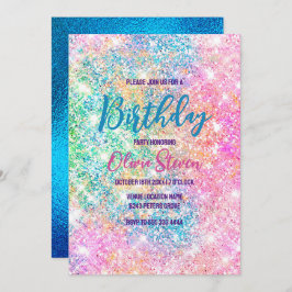 Cute iridescent unicorn rosa faux glitter monogram inbjudningar