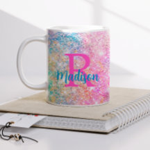 Cute iridescent unicorn rosa faux glitter monogram