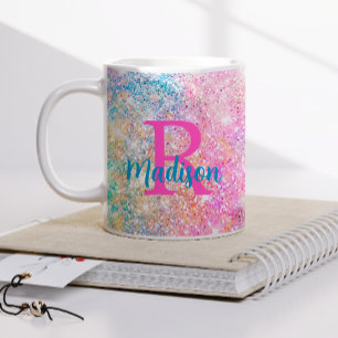 Cute iridescent unicorn rosa faux glitter monogram kaffemugg