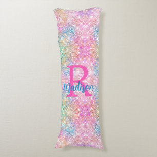 Cute iridescent unicorn rosa faux glitter monogram kroppskudde