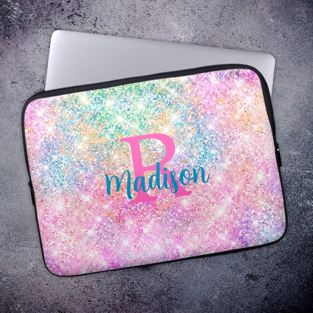 Cute iridescent unicorn rosa faux glitter monogram laptop fodral (Skapare uppladdad)