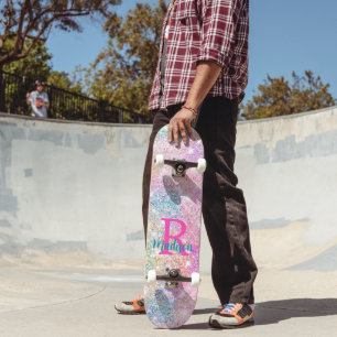 Cute iridescent unicorn rosa faux glitter monogram mini skateboard bräda 18,5 cm