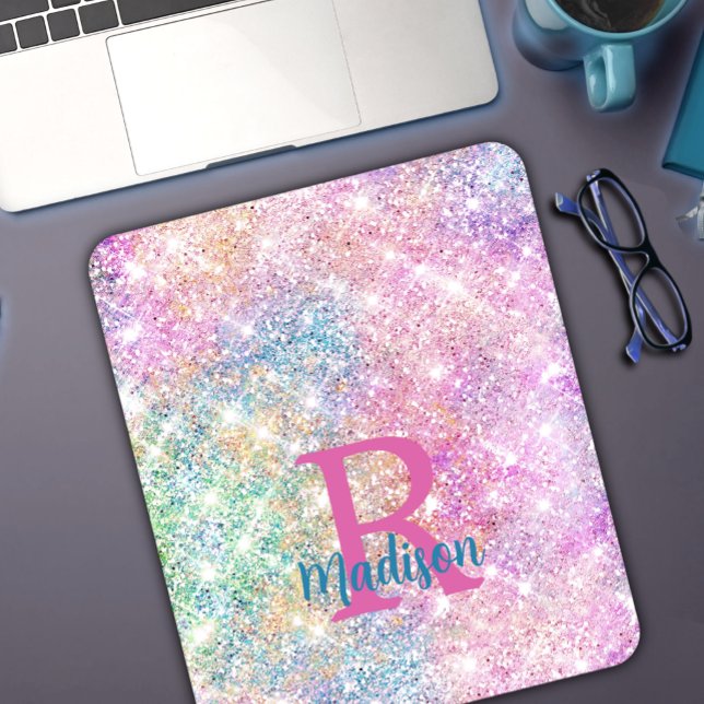 Cute iridescent unicorn rosa faux glitter monogram musmatta (Skapare uppladdad)