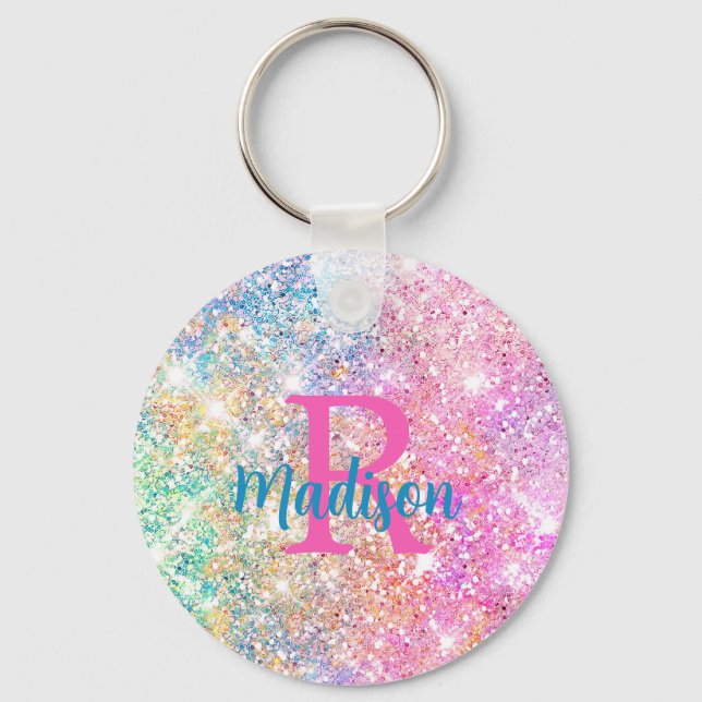 Cute iridescent unicorn rosa faux glitter monogram nyckelring (Framsida)