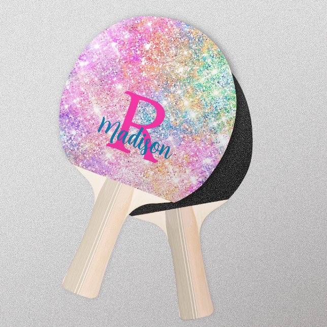 Cute iridescent unicorn rosa faux glitter monogram pingisracket (Skapare uppladdad)