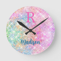 Cute iridescent unicorn rosa faux glitter monogram