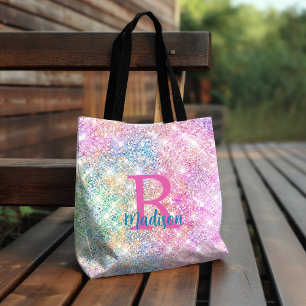 Cute iridescent unicorn rosa faux glitter monogram tygkasse