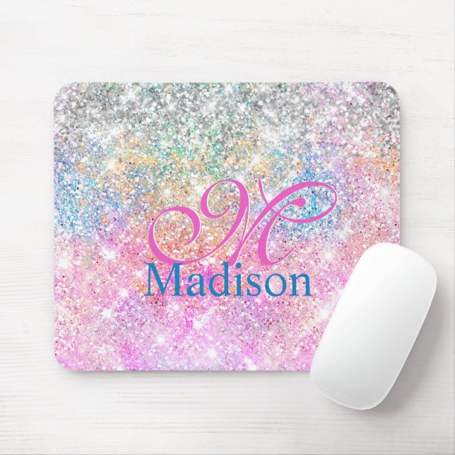 Cute iridescent unicorn rosa glitter monogram musmatta (Med mus)
