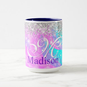 Cute iridescent unicorn silver glitter monogram mugg