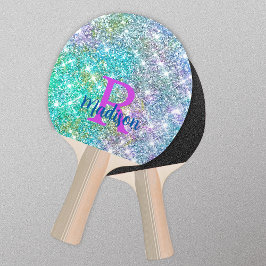 Cute iridescent unicorn turcoise glitter monogram pingisracket