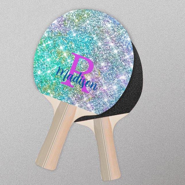 Cute iridescent unicorn turcoise glitter monogram pingisracket (Skapare uppladdad)