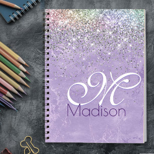 Cute irifallen lilac lila faux glitter monogram anteckningsbok