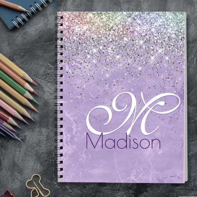 Cute irifallen lilac lila faux glitter monogram anteckningsbok (Skapare uppladdad)