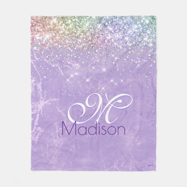Cute irifallen lilac lila faux glitter monogram fleecefilt (Framsidan)