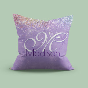 Cute irifallen lilac lila faux glitter monogram kudde