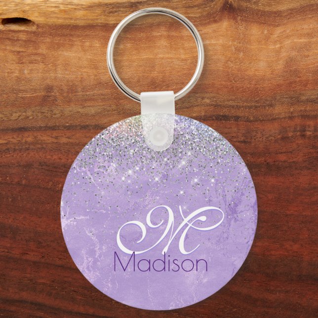 Cute irifallen lilac lila faux glitter monogram nyckelring (Framsida)