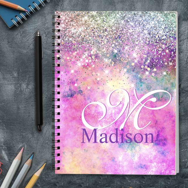 Cute irifallen silver faux glitter monogram för bä anteckningsbok (Skapare uppladdad)